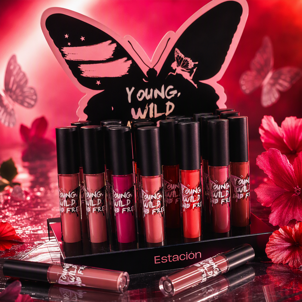 Estacion Magic Butterfly Lip Glaze Gift Box Black Display stand showcases butterfly patterns YOUNG WILD AND FREE Specification image