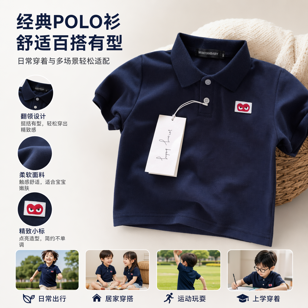 深蓝色儿童Polo衫胸前红色卡通眼睛刺绣领口