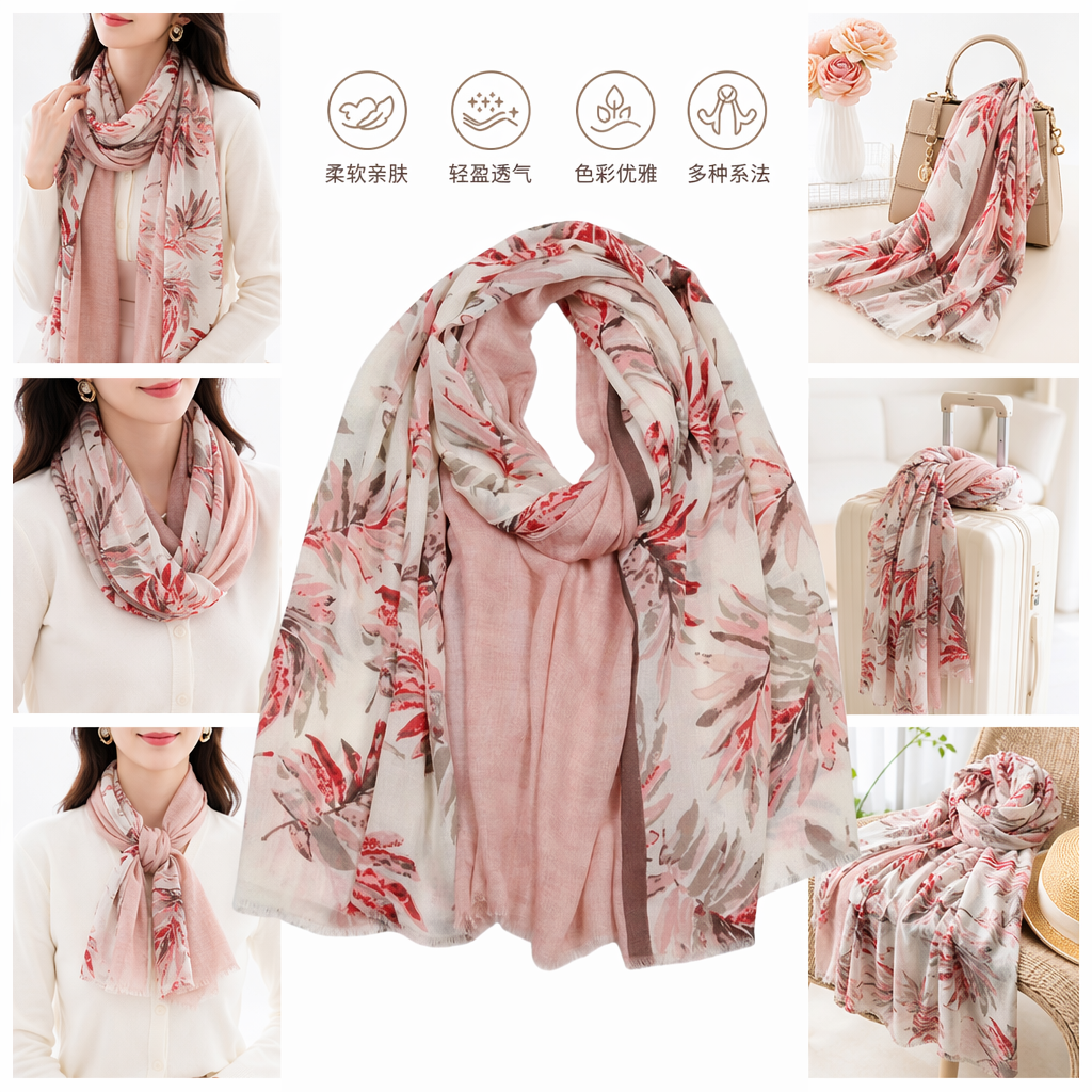 Pink floral pattern scarf, pure cotton, warm autumn and winter accessory, fashionable and versatile for women