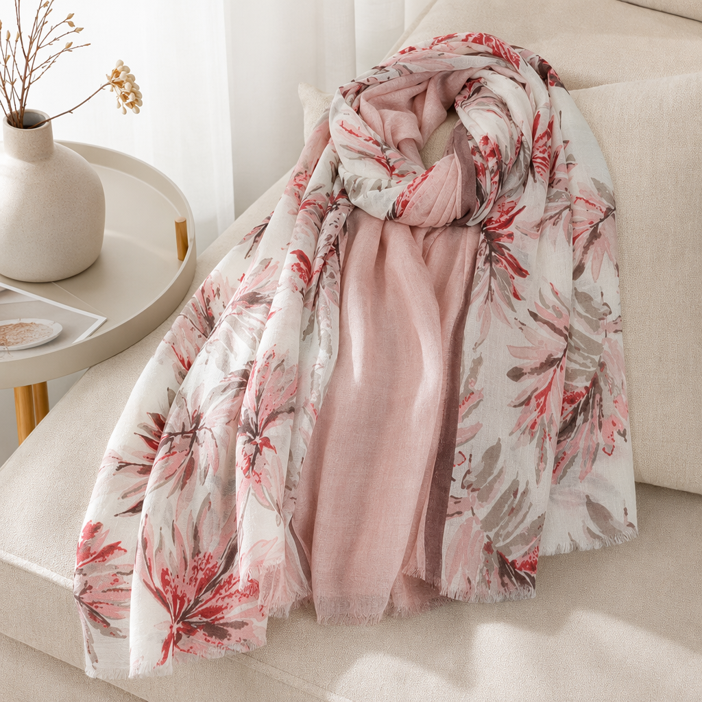 Pink floral pattern scarf, pure cotton, warm autumn and winter accessory, fashionable and versatile for women details Picture