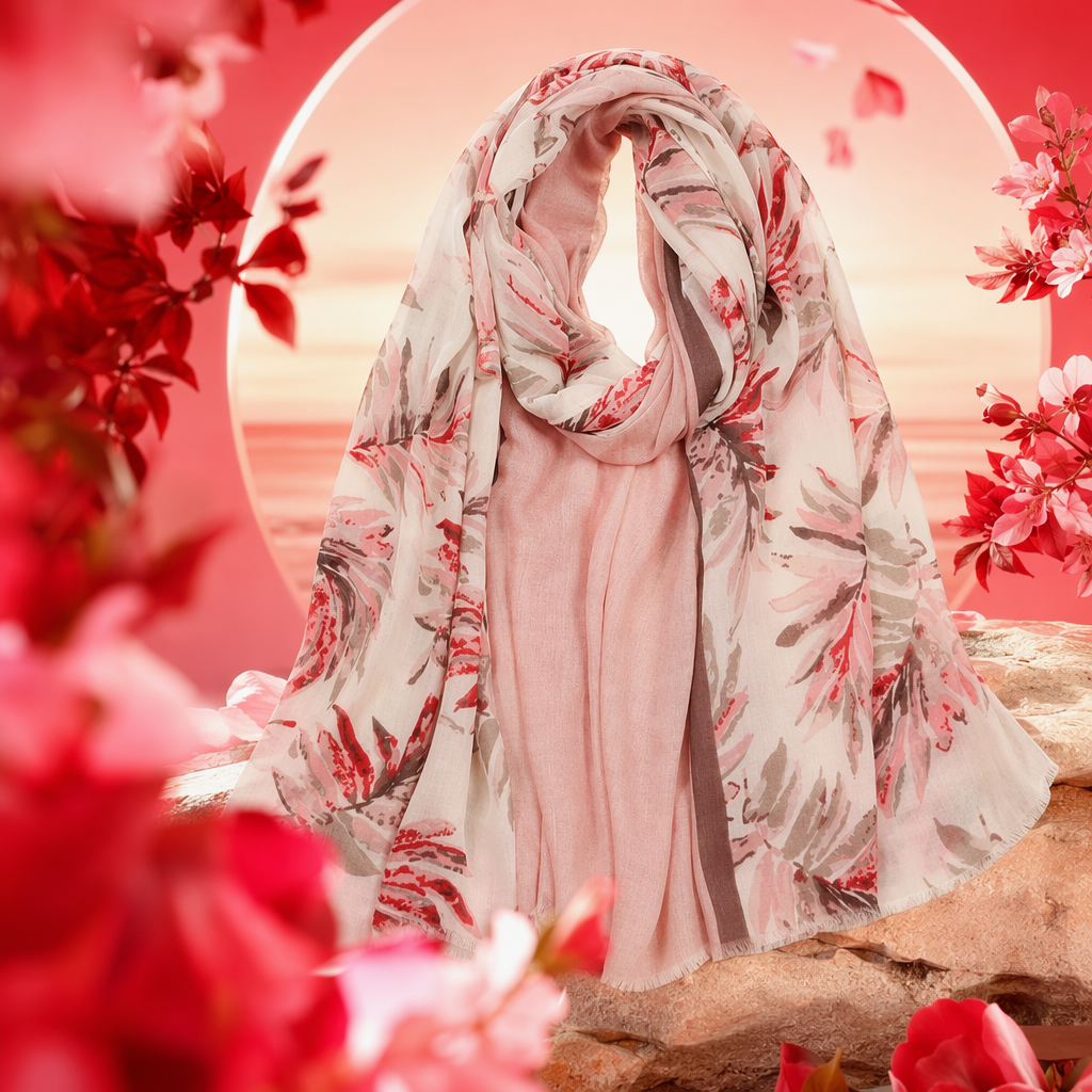 Pink floral pattern scarf, pure cotton, warm autumn and winter accessory, fashionable and versatile for women Specification image
