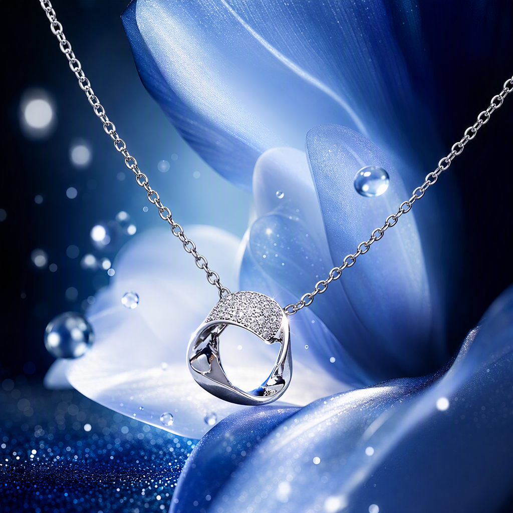 Silver circular diamond-encrusted pendant necklace Specification image