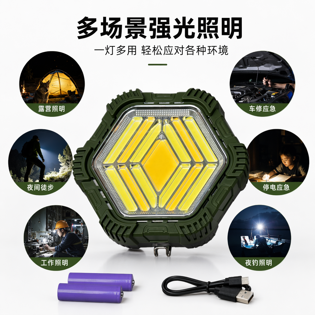 Military green hexagonal LED work light, waterproof, dustproof, high-intensity rechargeable portable car