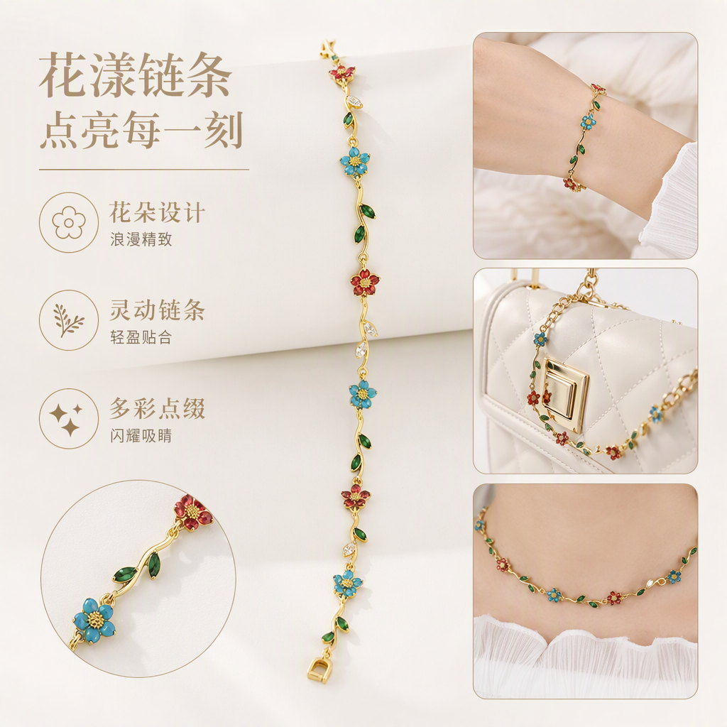 彩色花朵藤蔓造型手链 时尚轻奢女士手腕饰品