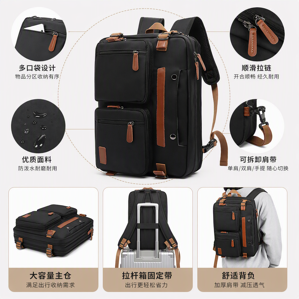 This black multi-functional backpack is lightweight, durable and has a large capacity. It is suitable for both men and women