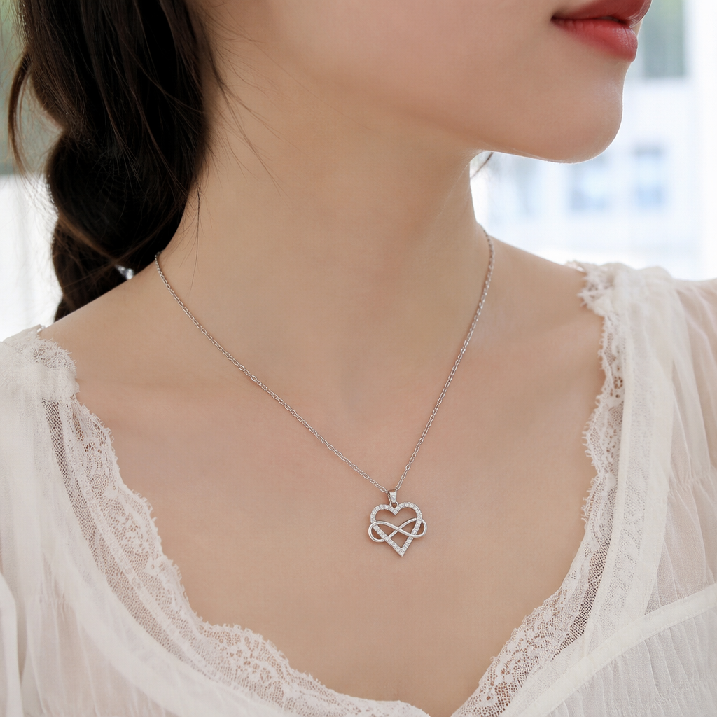 Silver heart-shaped infinity symbol pendant necklace details Picture