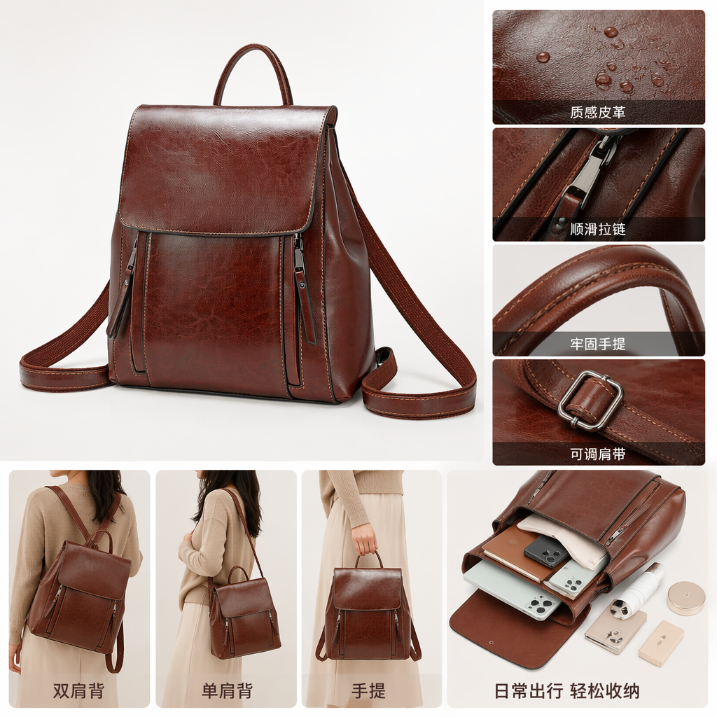 The brown leather backpack with a retro style is lightweight and durable for commuting trips