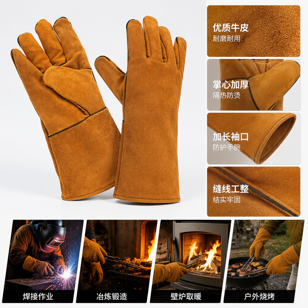 Brown genuine leather gloves for both men and women, warm, anti-slip and thickened for autumn and winter