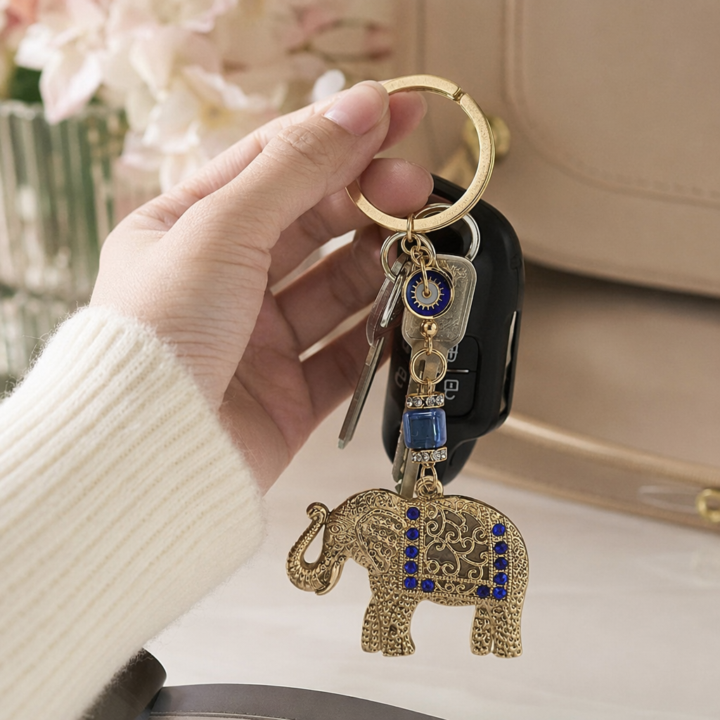 Llavero en forma de elefante dorado adornado con gemas azules con colgante de mal ojo details Picture