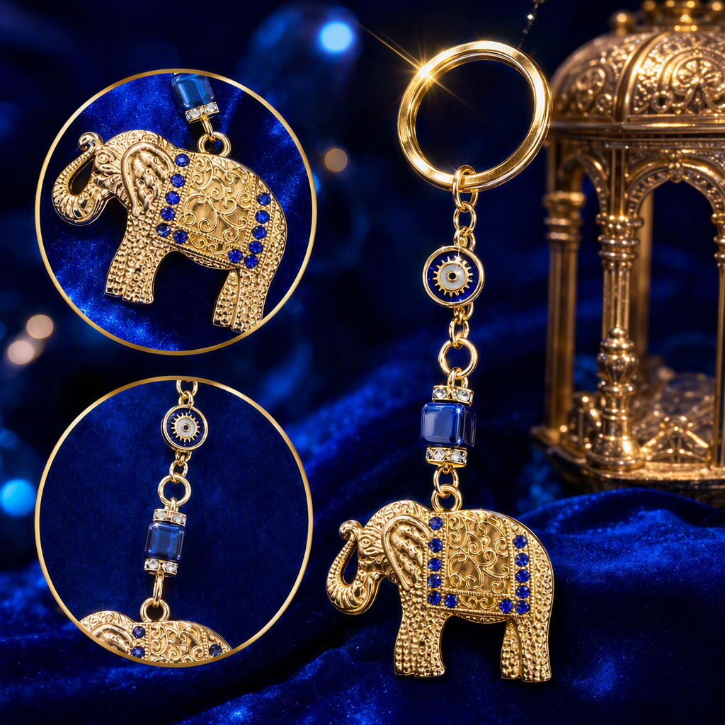Llavero en forma de elefante dorado adornado con gemas azules con colgante de mal ojo Specification image
