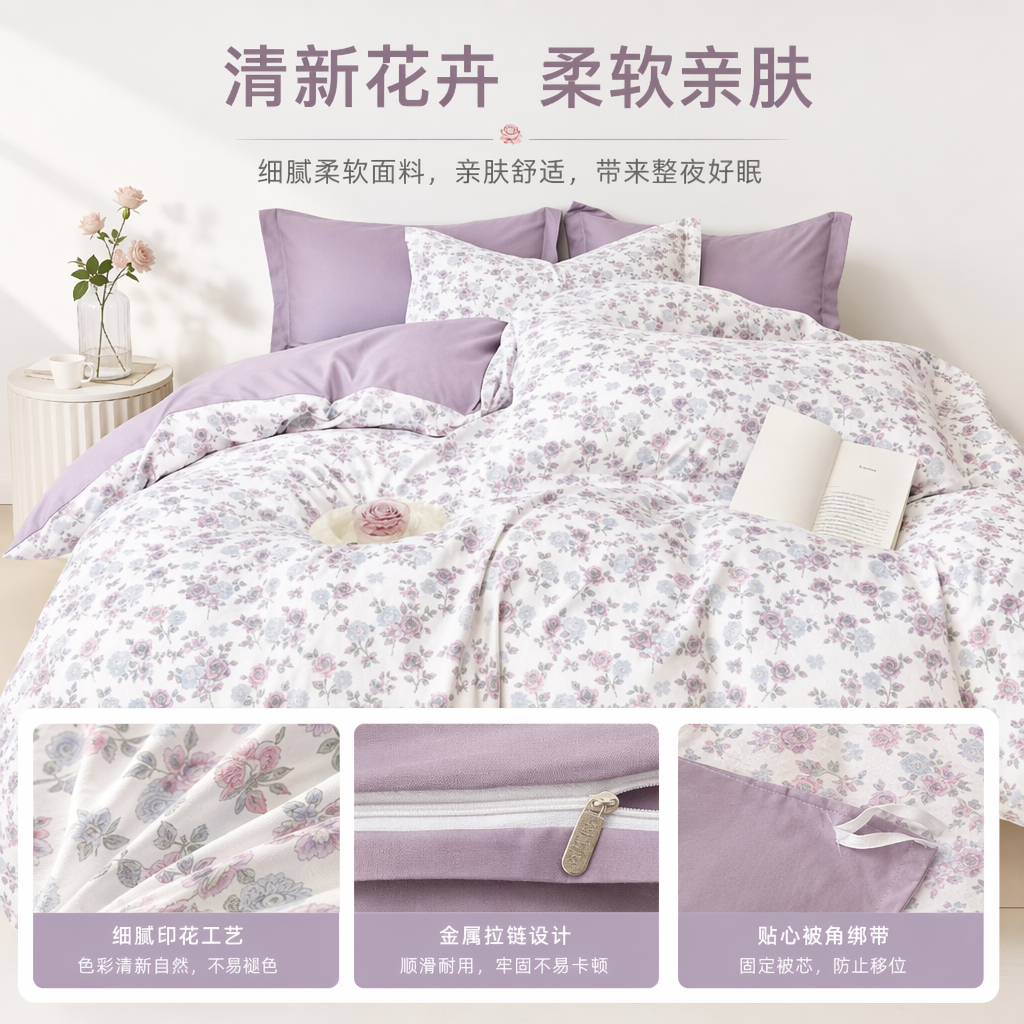 Purple floral print bedding set, made of pure cotton, skin-friendly, breathable and suitable for all seasons