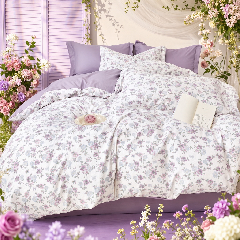 Purple floral print bedding set, made of pure cotton, skin-friendly, breathable and suitable for all seasons Specification image