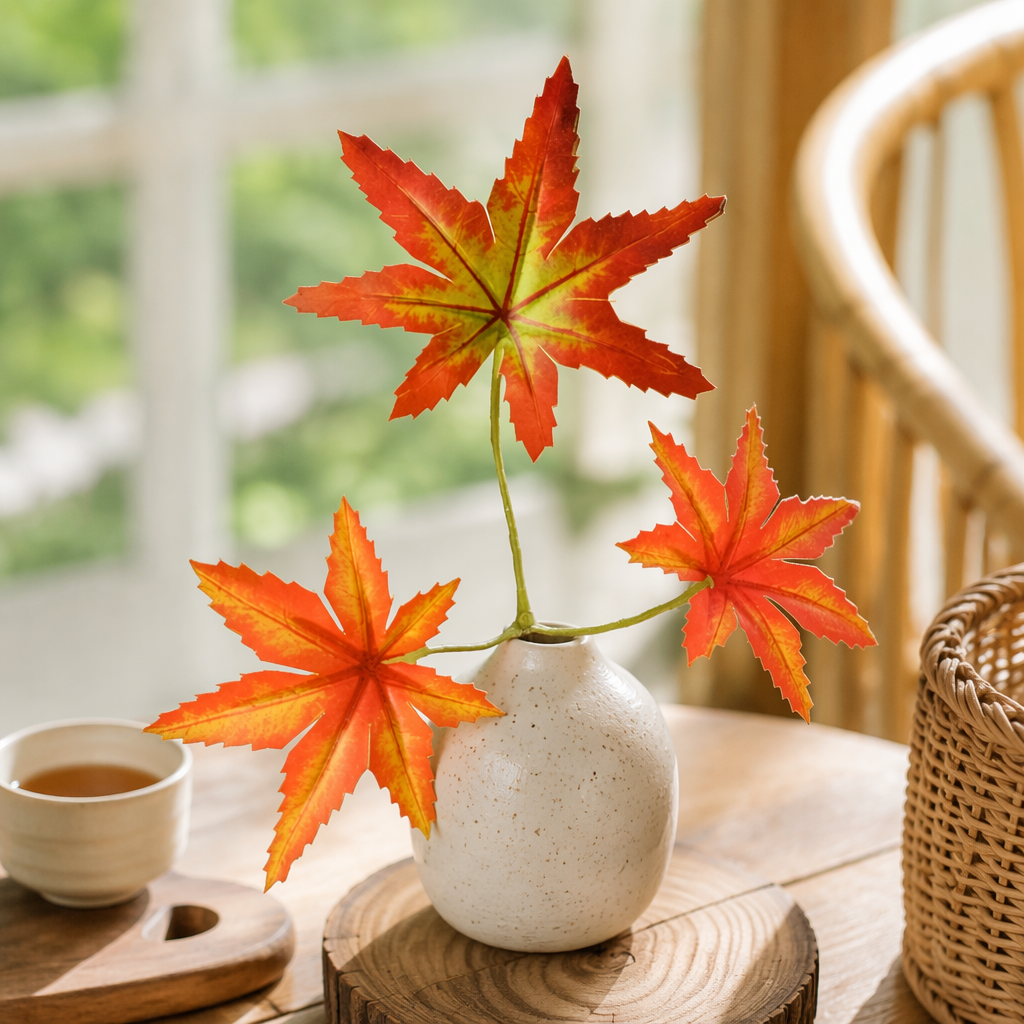Orange-red maple leaf branch simulation decorative ornaments, home flower arrangement materials details Picture