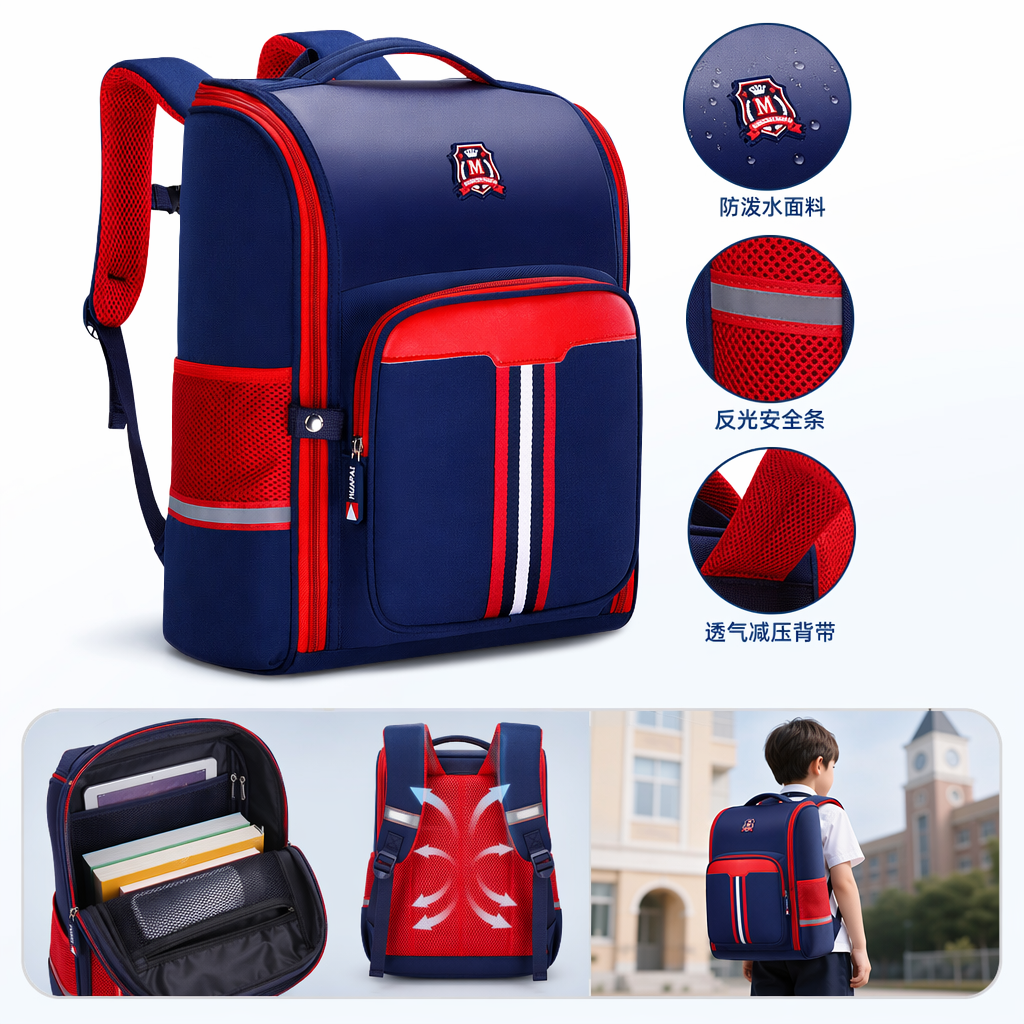 A lightweight and large-capacity student commuting travel backpack with deep blue and red stripes