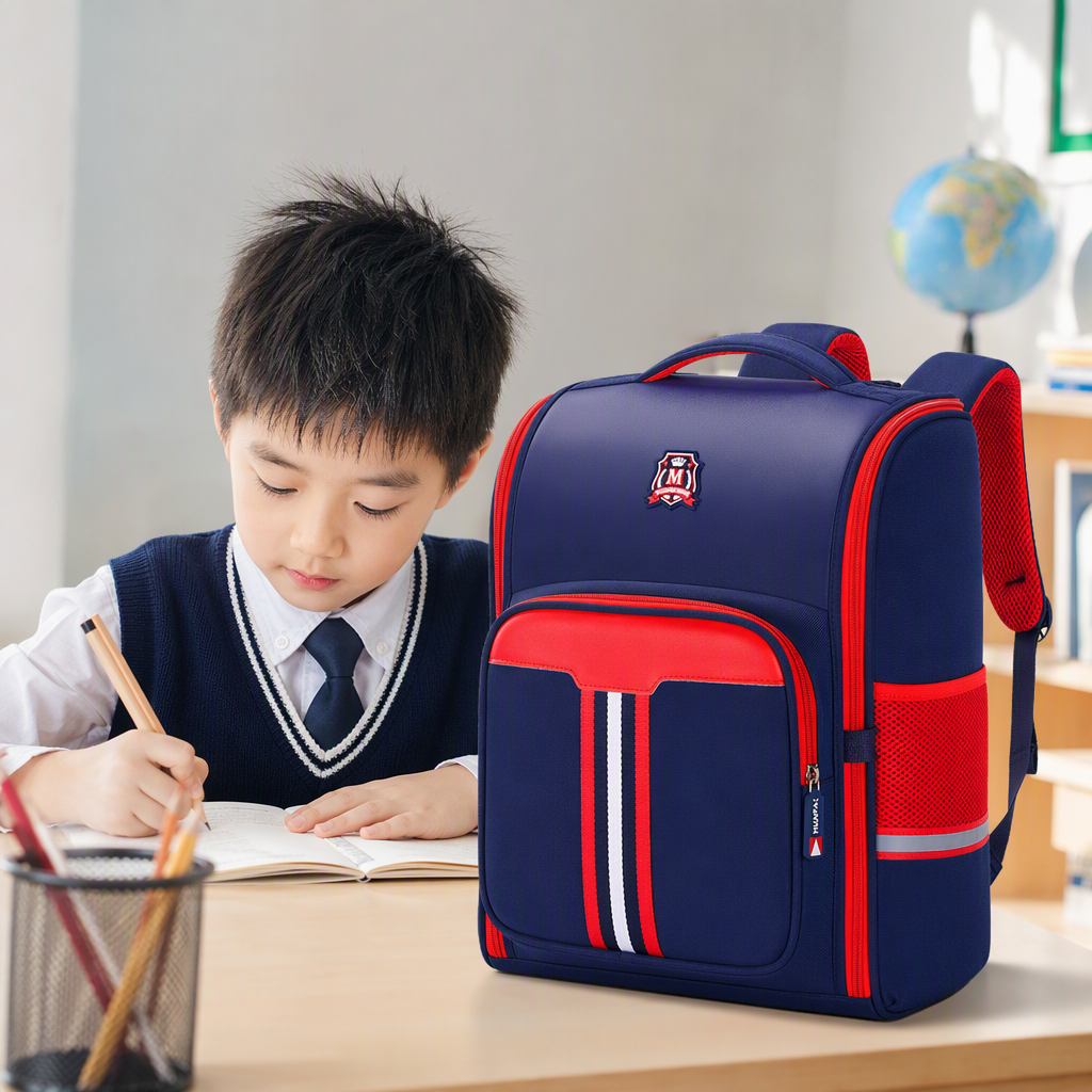 A lightweight and large-capacity student commuting travel backpack with deep blue and red stripes details Picture