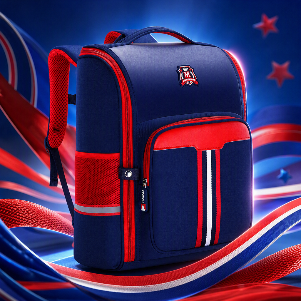 A lightweight and large-capacity student commuting travel backpack with deep blue and red stripes Specification image
