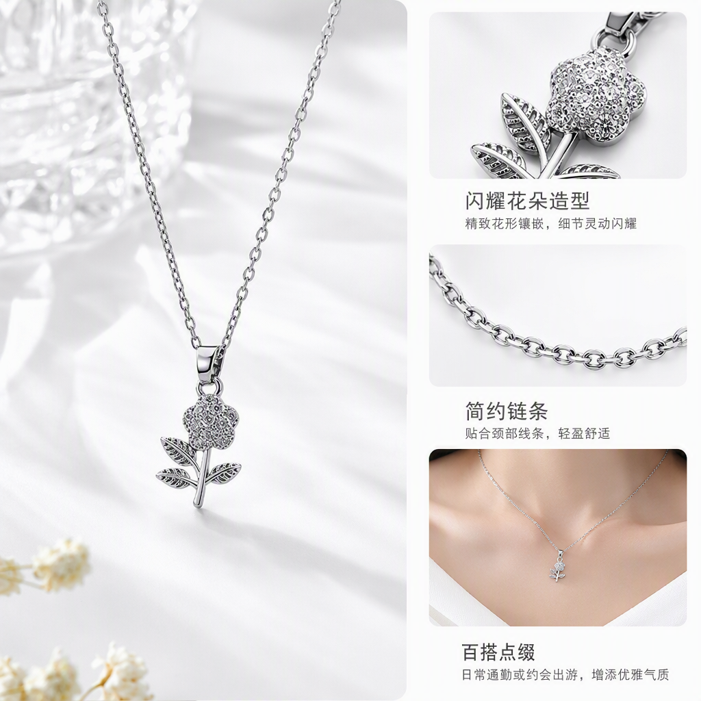 The silver chain flower pendant necklace is exquisite, simple, fashionable and versatile