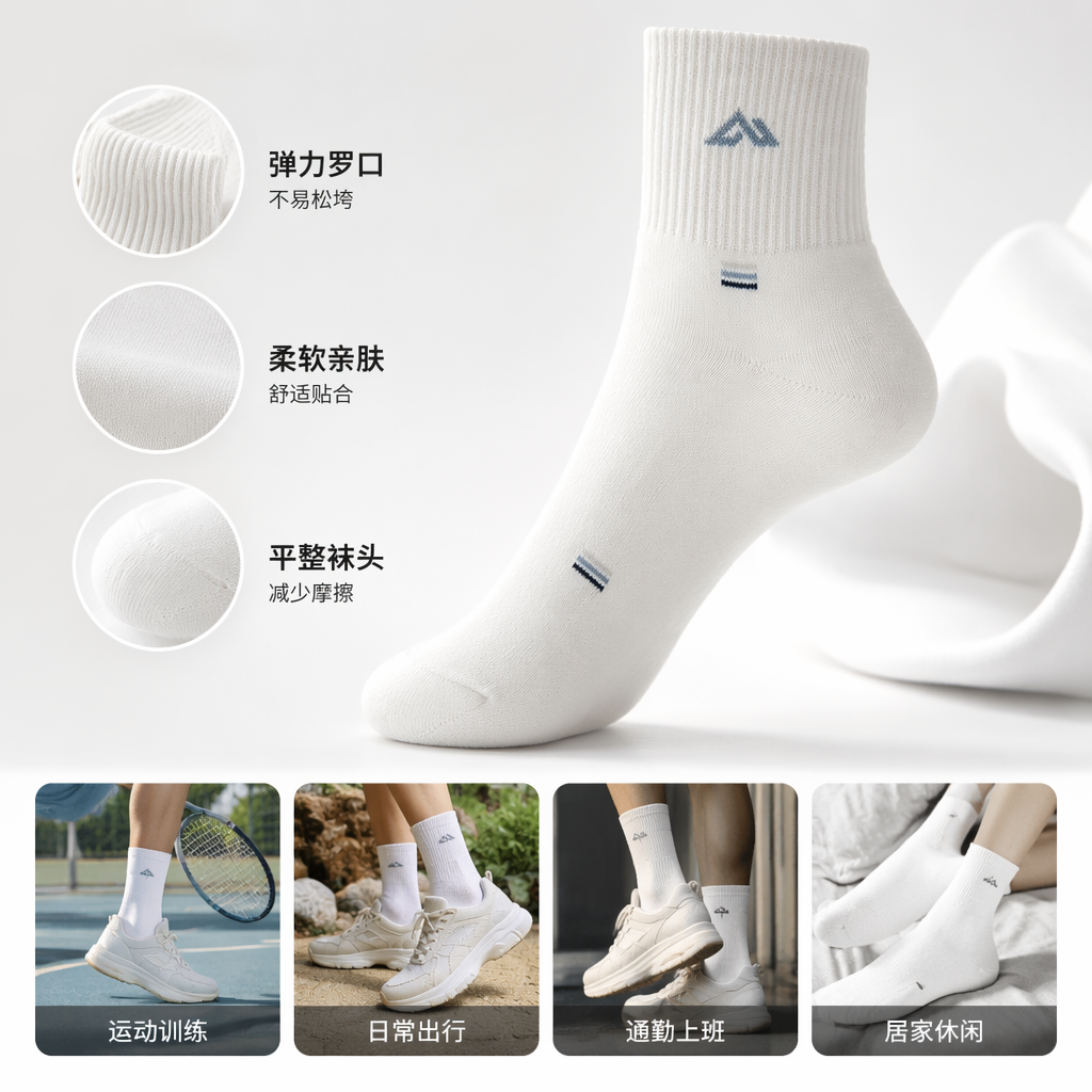 Pure cotton white mid-calf socks for both men and women, sweat-absorbing and breathable basic style