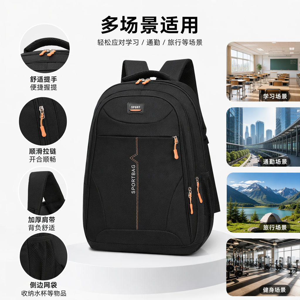 Black backpack, lightweight and large-capacity student commuting travel backpack