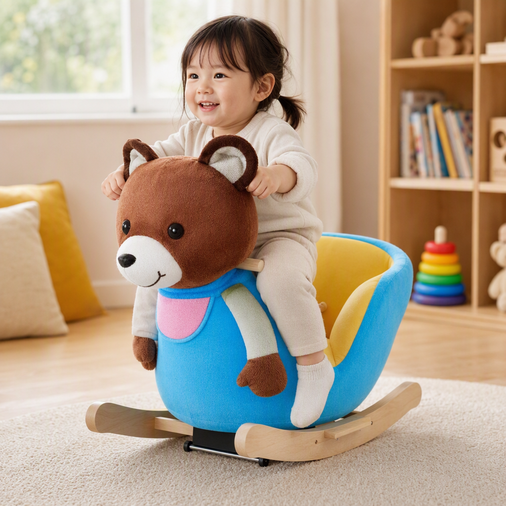 Brown bear-shaped children's rocking horse mounts with safe rounded corners and a stable base details Picture