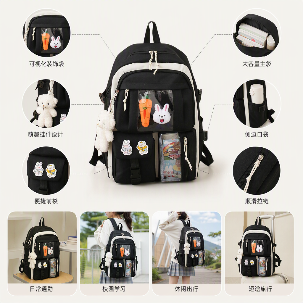 Black and white color-matched fashionable casual backpack, large-capacity lightweight student commuting travel bag