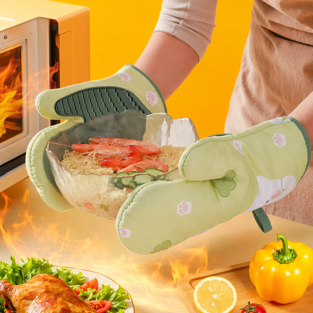 Зелёные мультяшные резиновые перчатки с перчатками на руках, защищённые от гладильных кухонных принадлежностей Specification image