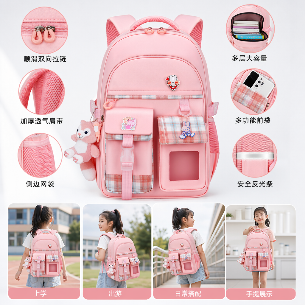 Pink children 's schoolbag lightweight large capacity students' school backpack 🎒