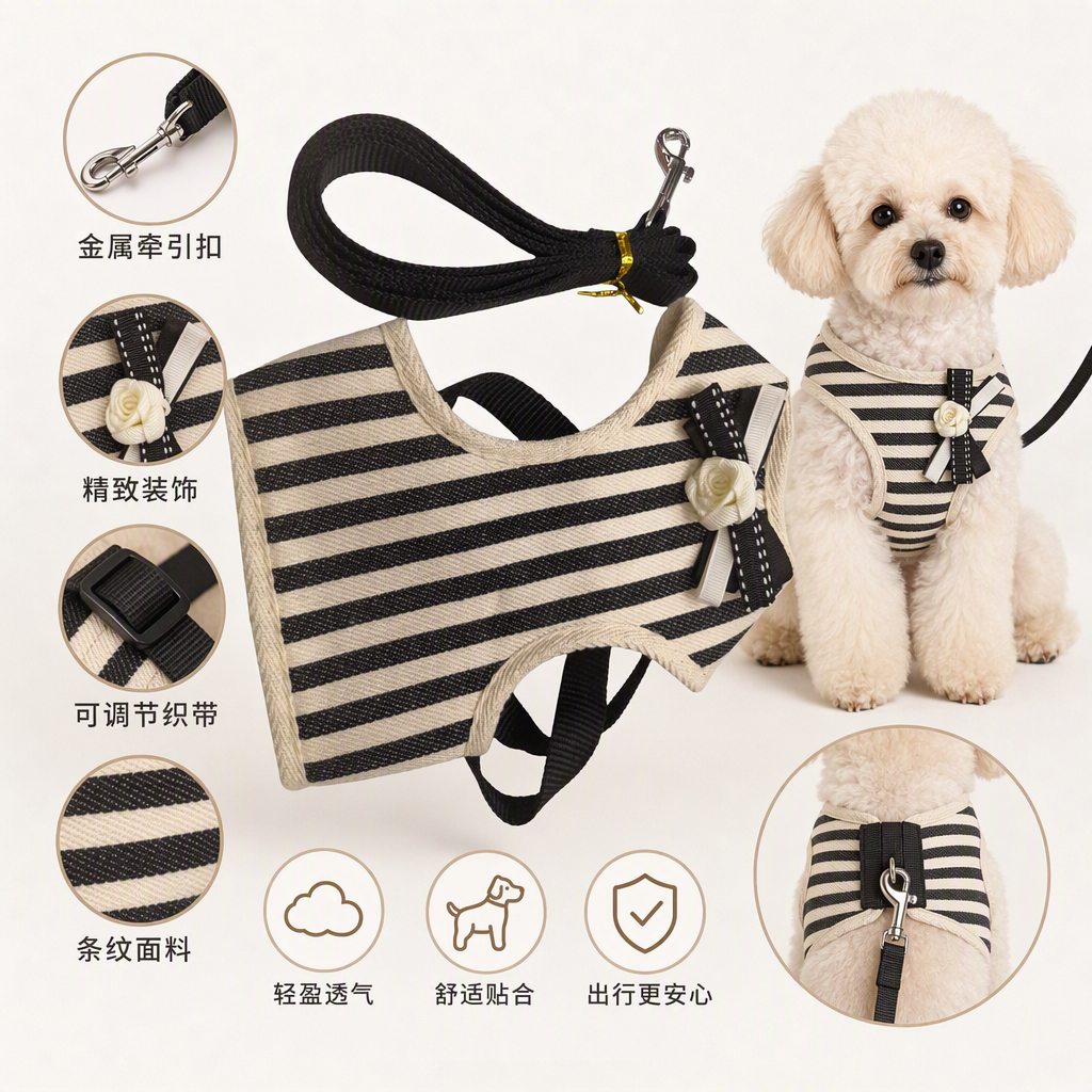The black and white striped pet carrier with a black leash is comfortable, breathable and adjustable for dogs and cats