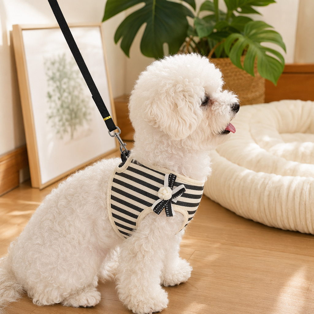The black and white striped pet carrier with a black leash is comfortable, breathable and adjustable for dogs and cats details Picture