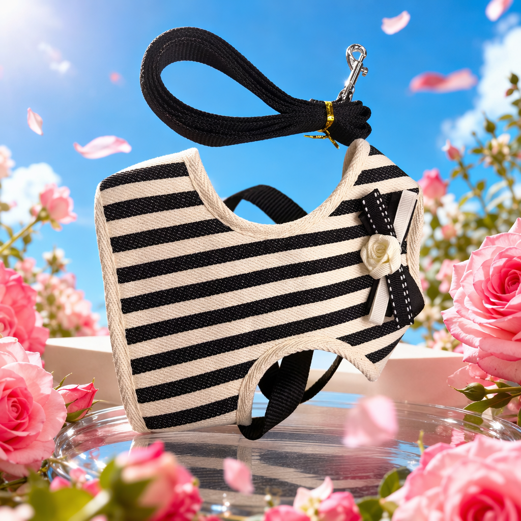 The black and white striped pet carrier with a black leash is comfortable, breathable and adjustable for dogs and cats Specification image
