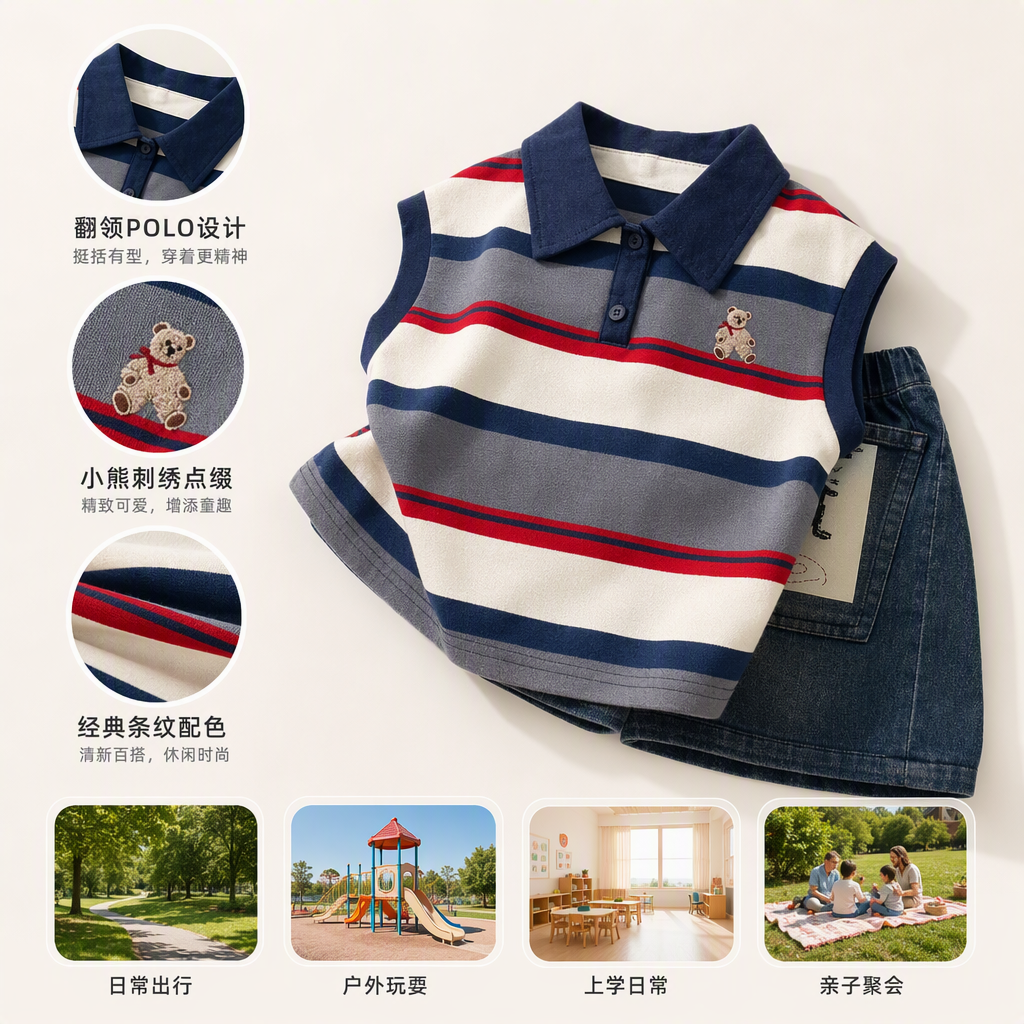 条纹无袖Polo衫搭配牛仔短裤男夏季休闲上衣