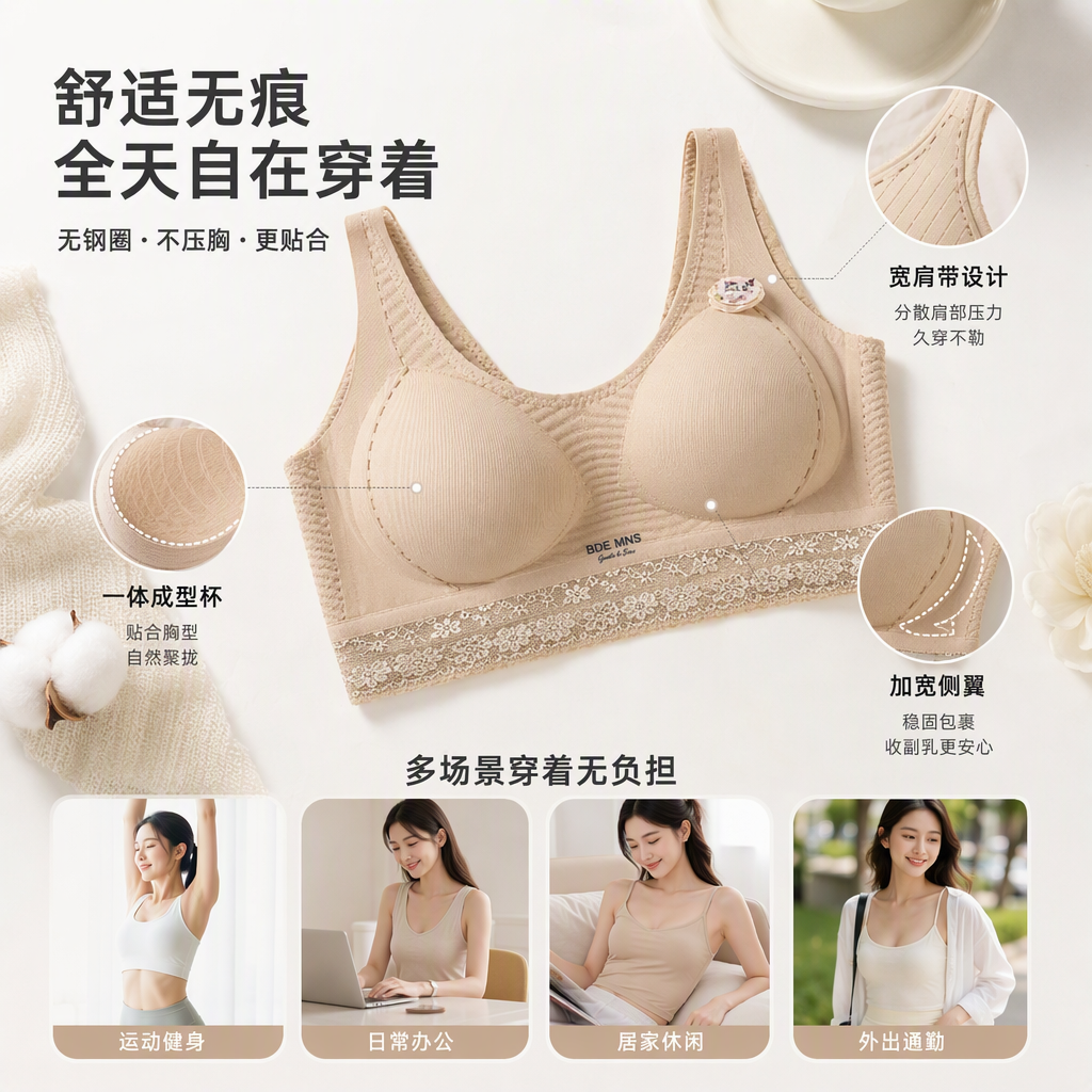 Oxygen-friendly, traceless, fully fixed cup bra, black beige, white, light pink, champagne white, lace, small flowers, green plant perfume bottle