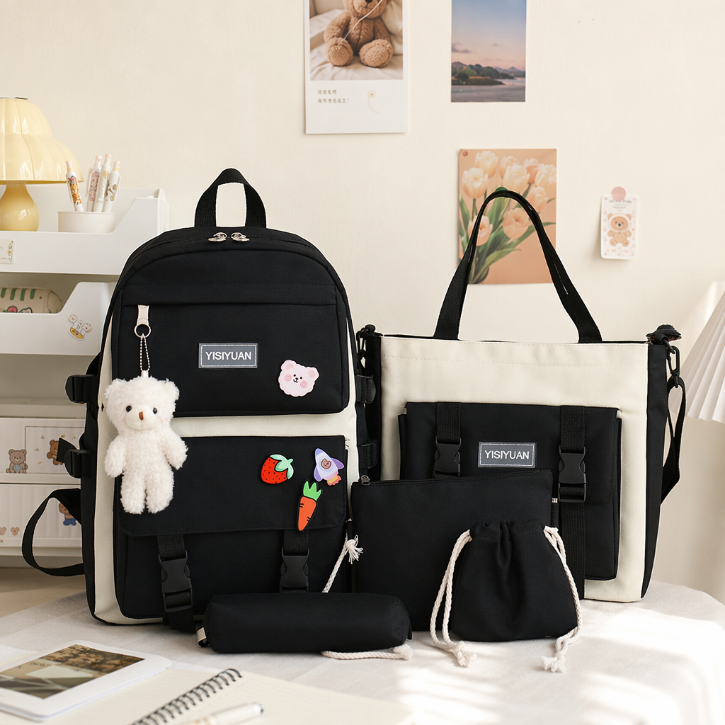 A black backpack with a white plush bear pendant, strawberry and carrot stickers, and a beige and black color-matched handbag set details Picture