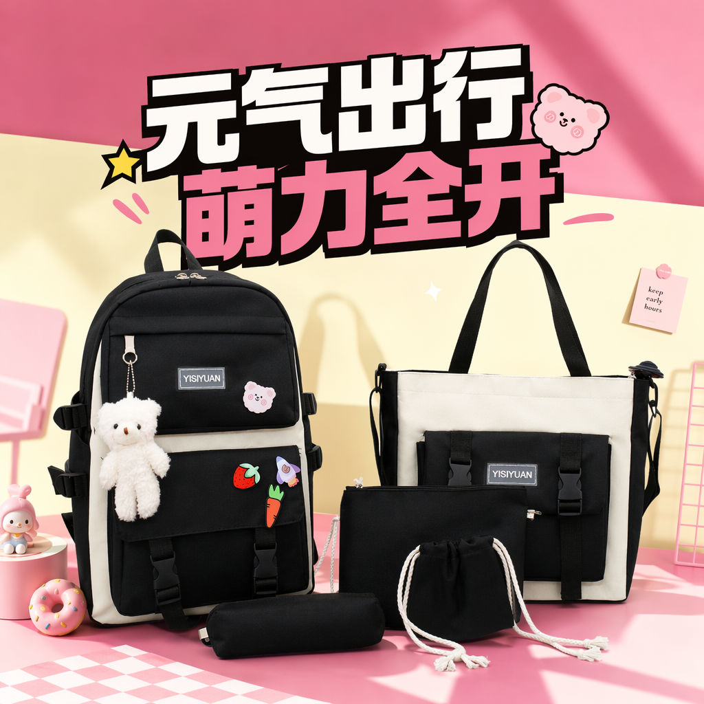 A black backpack with a white plush bear pendant, strawberry and carrot stickers, and a beige and black color-matched handbag set Specification image