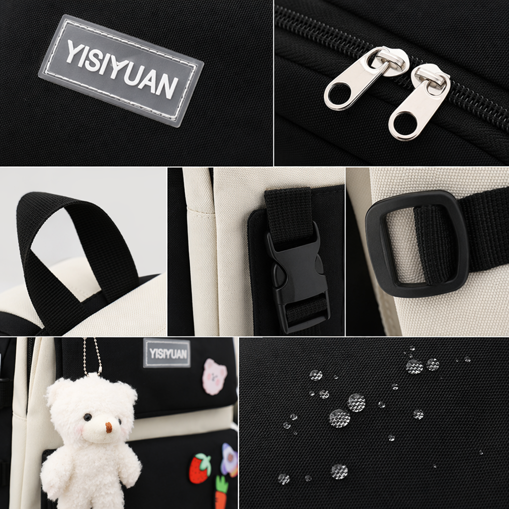 A black backpack with a white plush bear pendant, strawberry and carrot stickers, and a beige and black color-matched handbag set Application Scenario