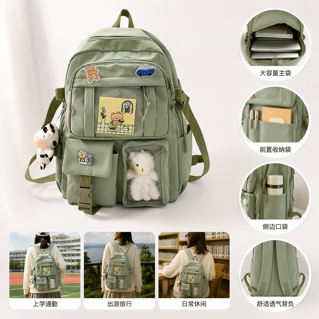 The green backpack is a lightweight and large-capacity student commuting travel backpack