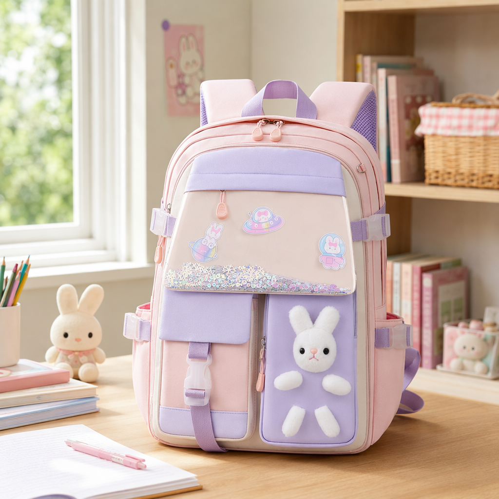 Pink and purple rabbit pattern children's schoolbag, cute cartoon two-color student backpack details Picture