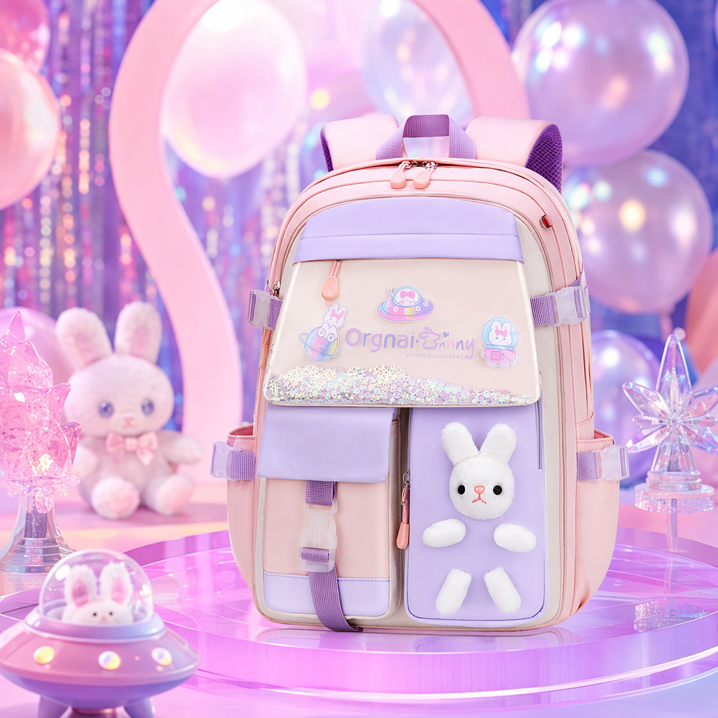 Pink and purple rabbit pattern children's schoolbag, cute cartoon two-color student backpack Specification image