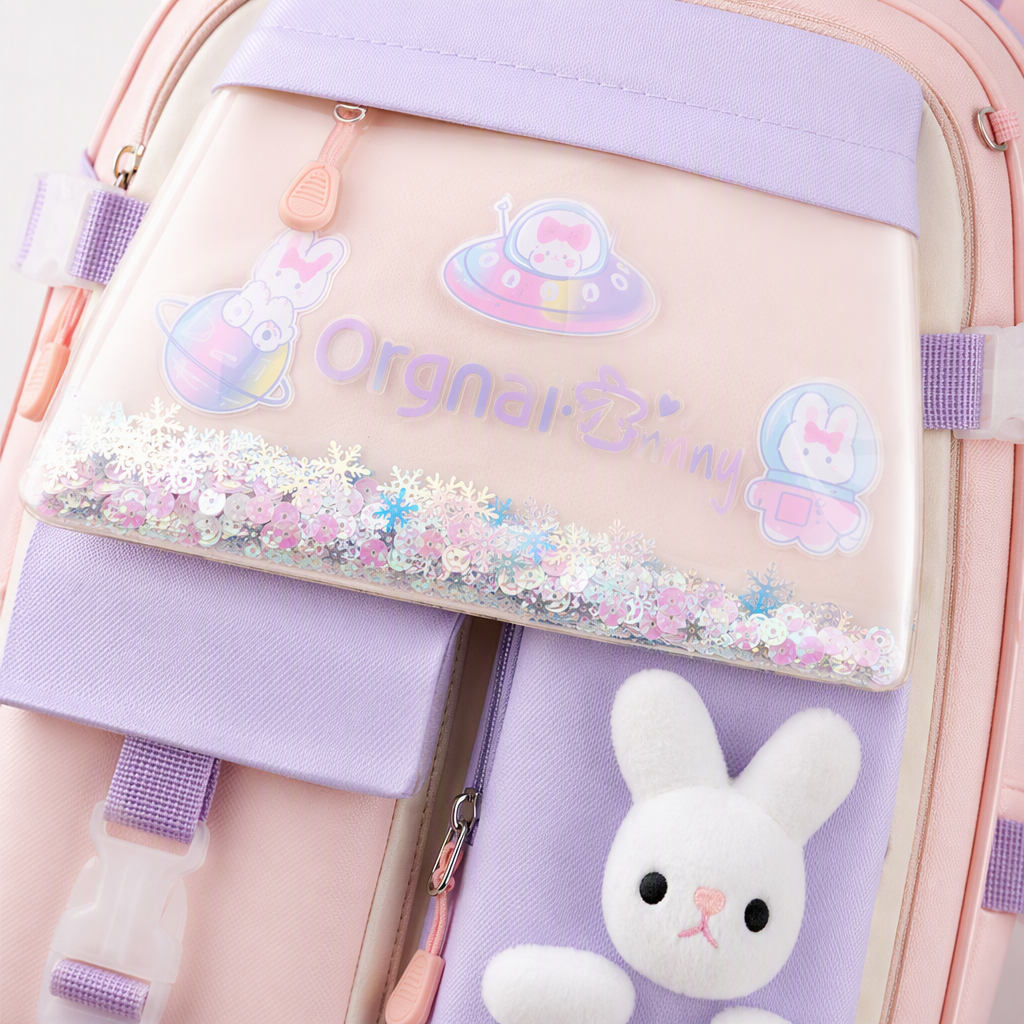 Pink and purple rabbit pattern children's schoolbag, cute cartoon two-color student backpack Application Scenario