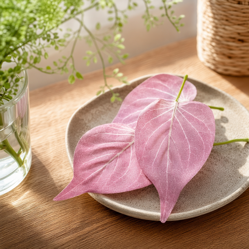 Pink heart-shaped leaf decorative ornaments, home creative green plant simulation leaves details Picture