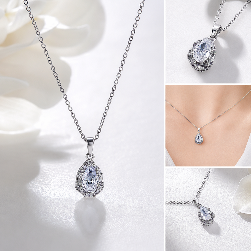 Silver teardrop-shaped crystal pendant necklace