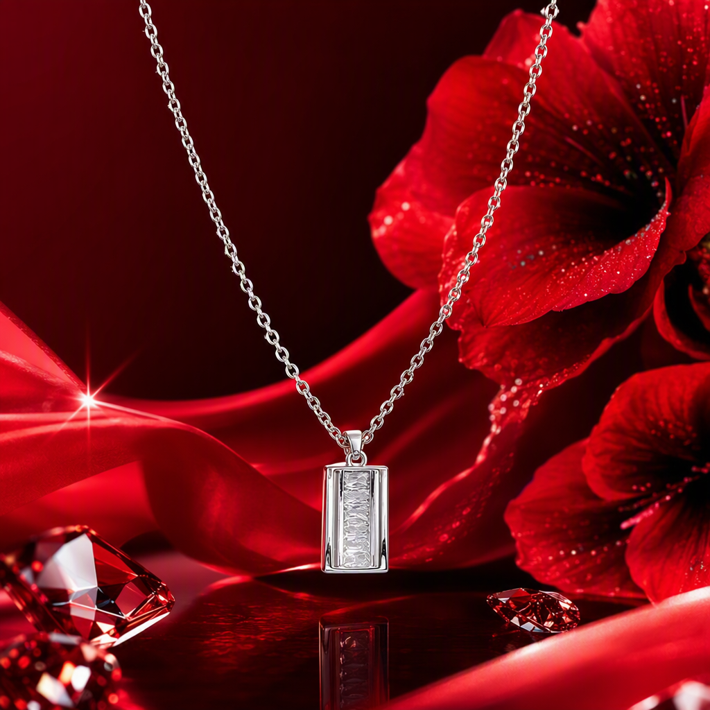 The silver chain necklace with rectangular diamond-encrusted pendant is simple, fashionable and versatile Specification image