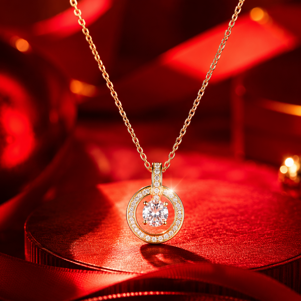 Collar redondo dorado con diamantes gran joya central transparente anillo exterior pequeño diamante cadena fina Specification image