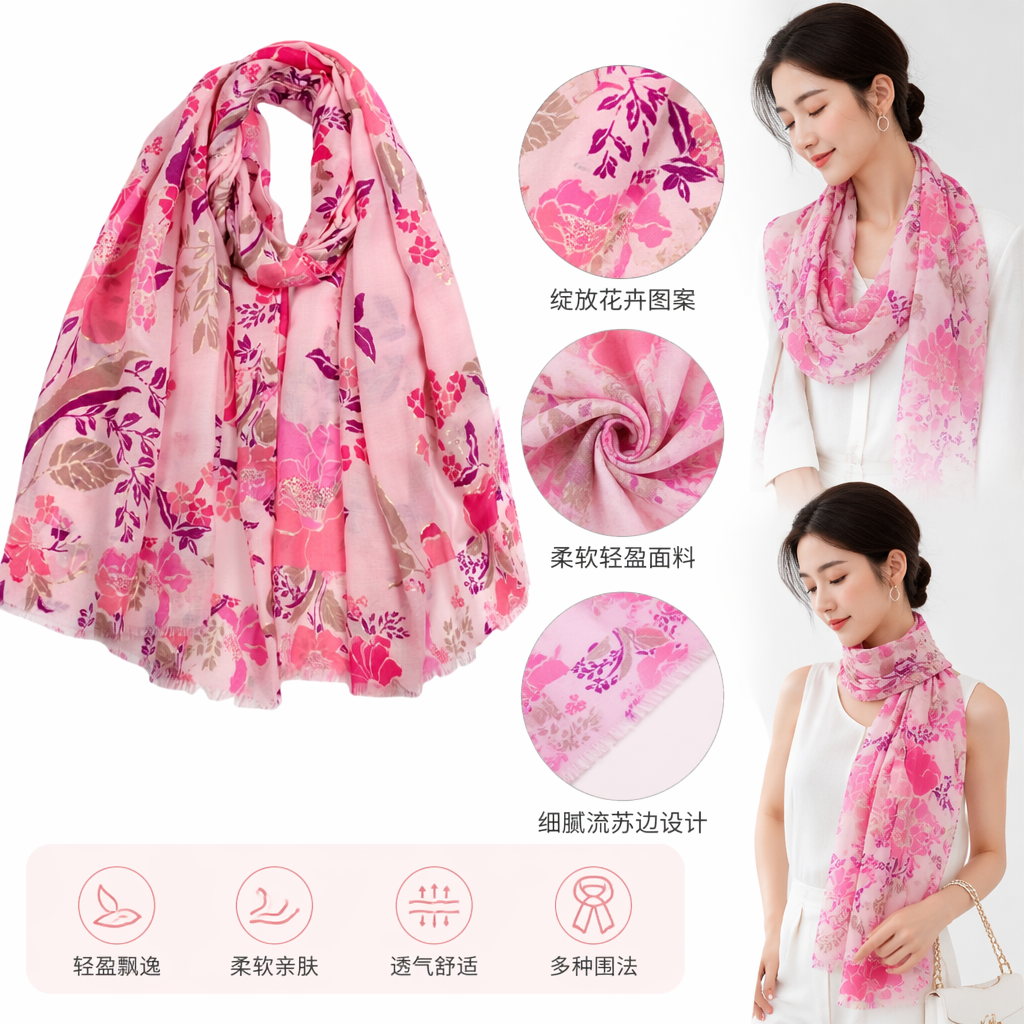 Pink floral pattern scarf, pure cotton, warm and versatile for women in autumn and winter