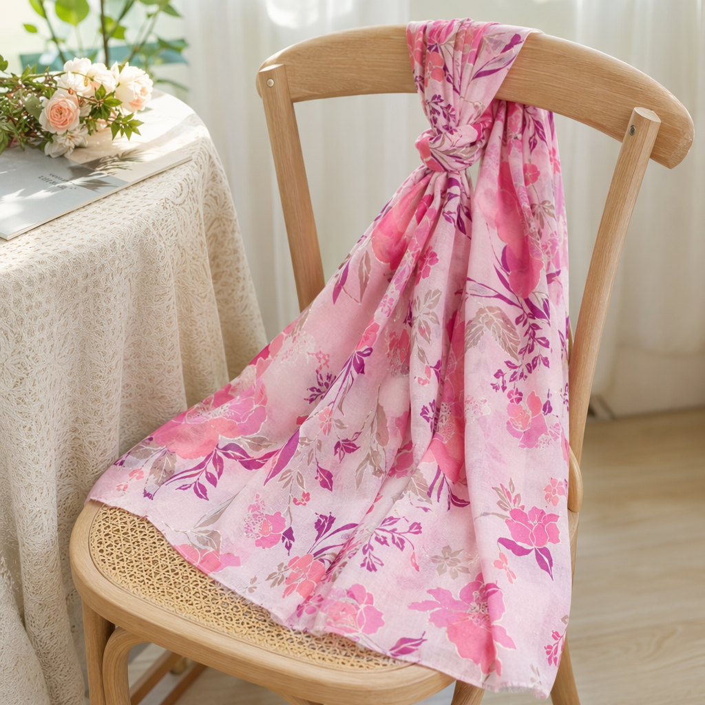 Pink floral pattern scarf, pure cotton, warm and versatile for women in autumn and winter details Picture