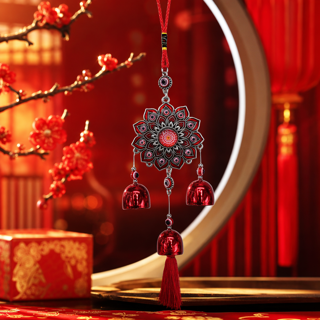Colgante de metal de loto rojo con adorno en forma de ojo rojo y negro colgante de tres campanas con borlas Specification image
