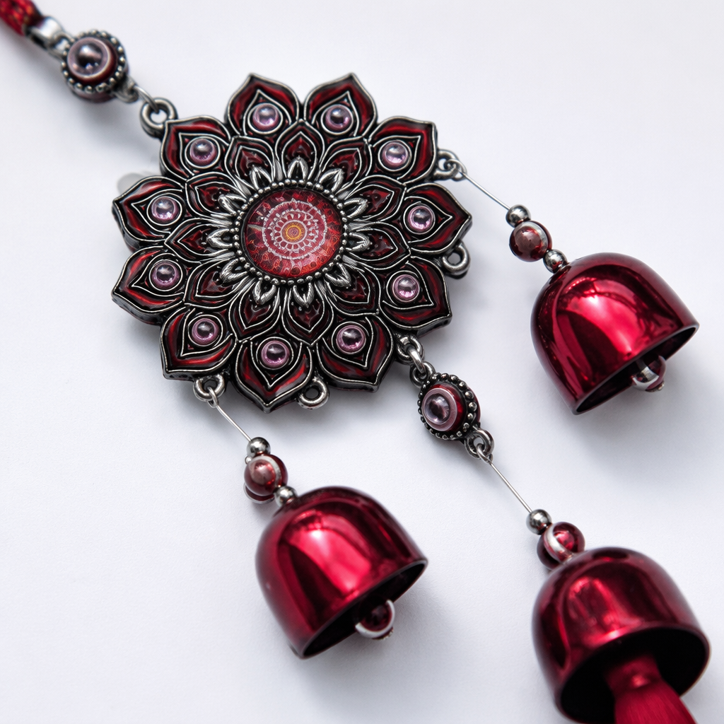 Colgante de metal de loto rojo con adorno en forma de ojo rojo y negro colgante de tres campanas con borlas Application Scenario