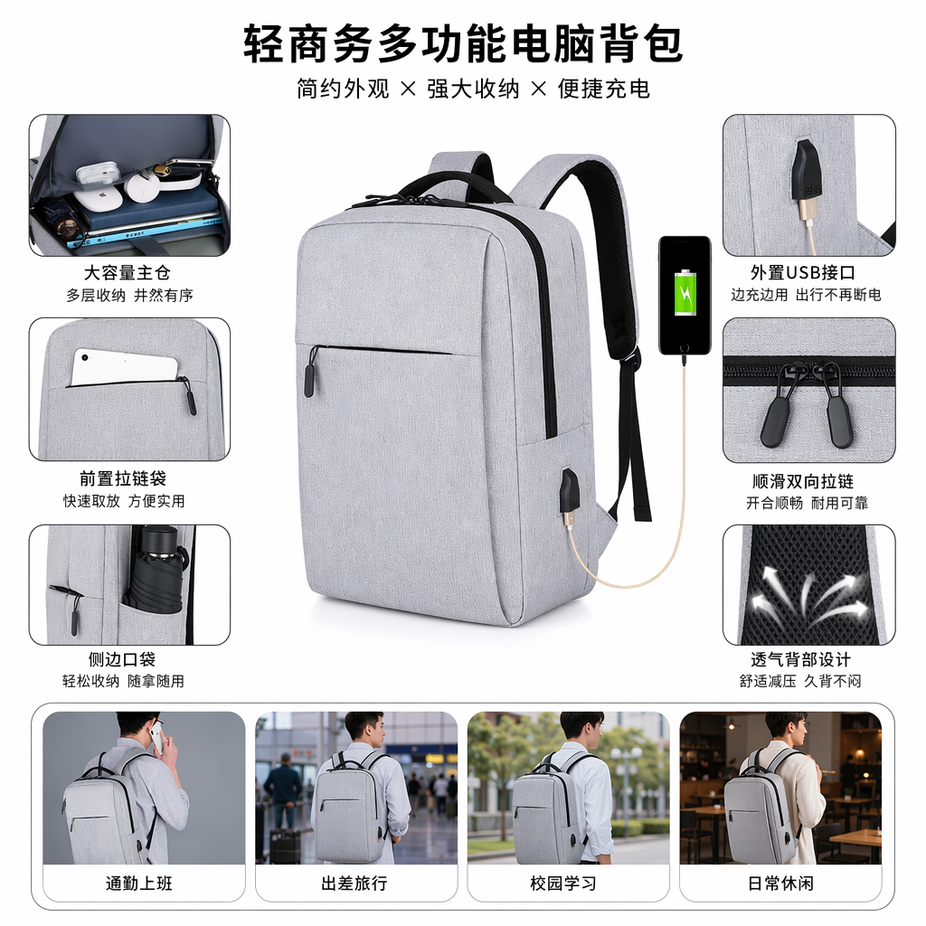 The grey backpack is lightweight for student commuting, with a large capacity, waterproof, wear-resistant, fashionable and simple design