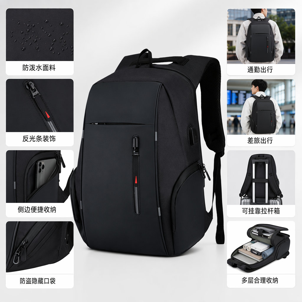 Black wear-resistant nylon backpack with large capacity for commuting and student travel