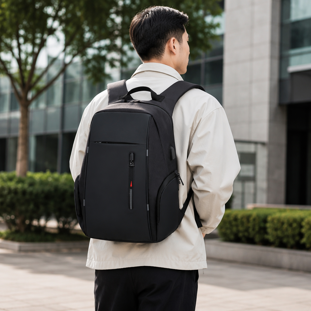 Black wear-resistant nylon backpack with large capacity for commuting and student travel details Picture